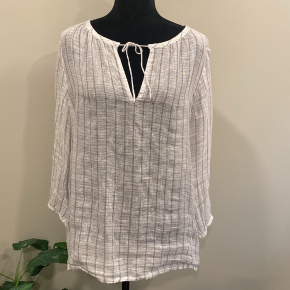 Eileen Fisher Tops - Eileen Fisher White Linen Popover Tunic with Gray Stripes and  3/4 Sleeves